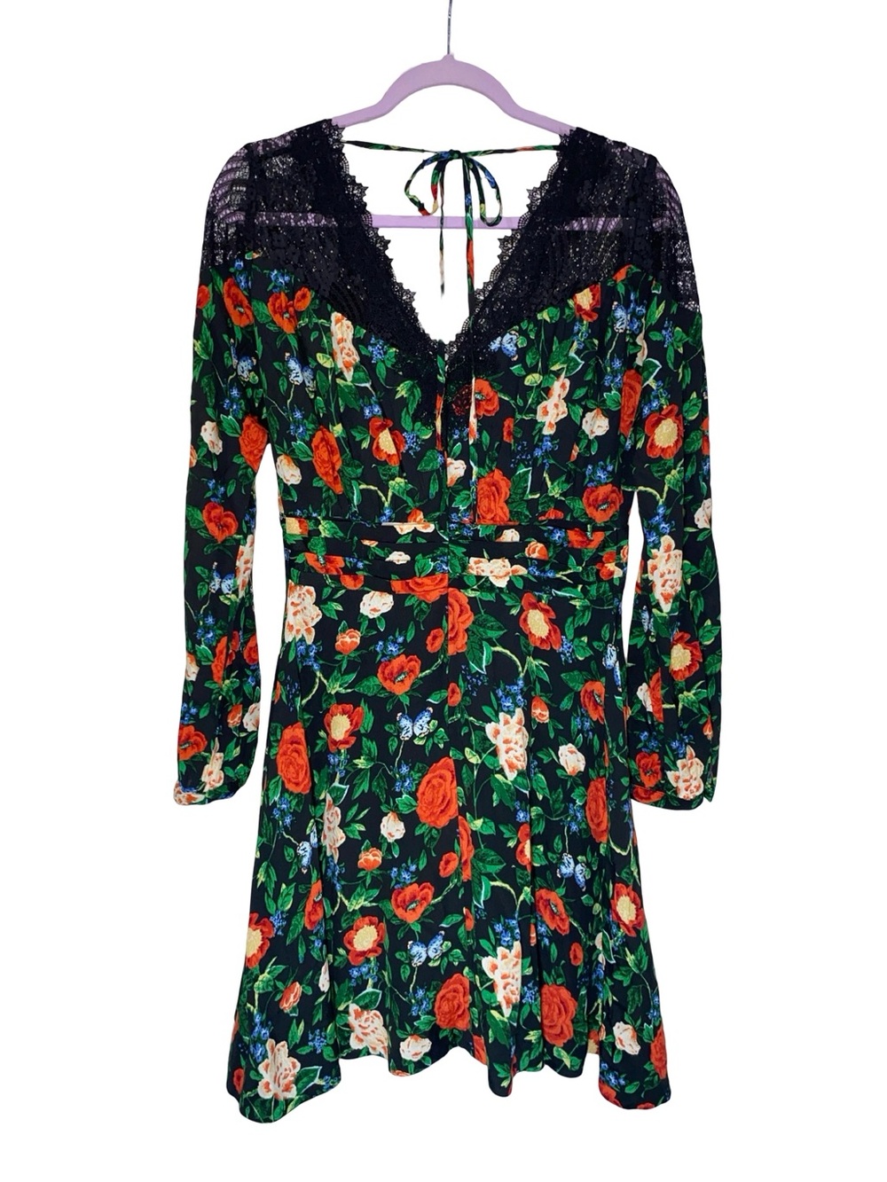 Anthropologie Lacy V-Neck Floral Mini Long Sleeve Lace Detail Boho A-Line dress - Picture 10 of 13